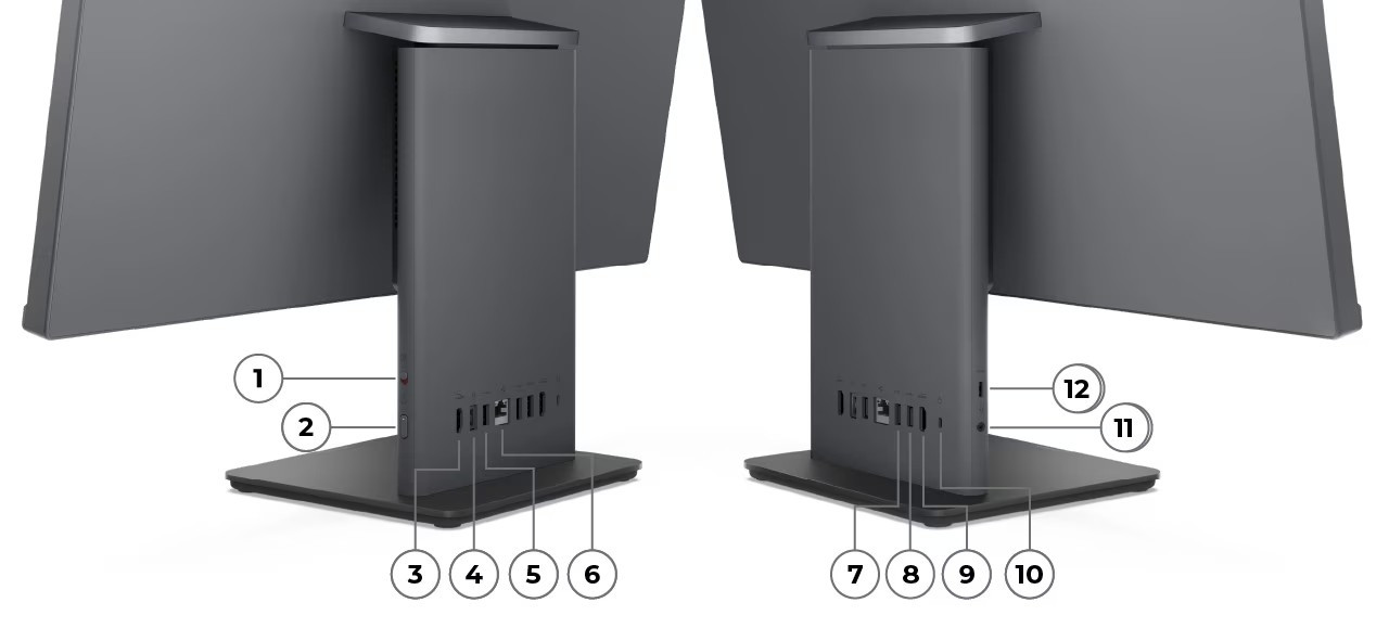 Cận cảnh các cổng kết nối phía sau chân đế máy tính Lenovo.