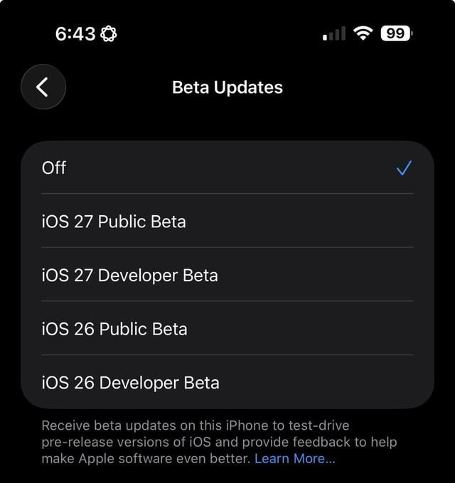 Thao tác chọn iOS 27 Public Beta trong phần cài đặt cập nhật phần mềm