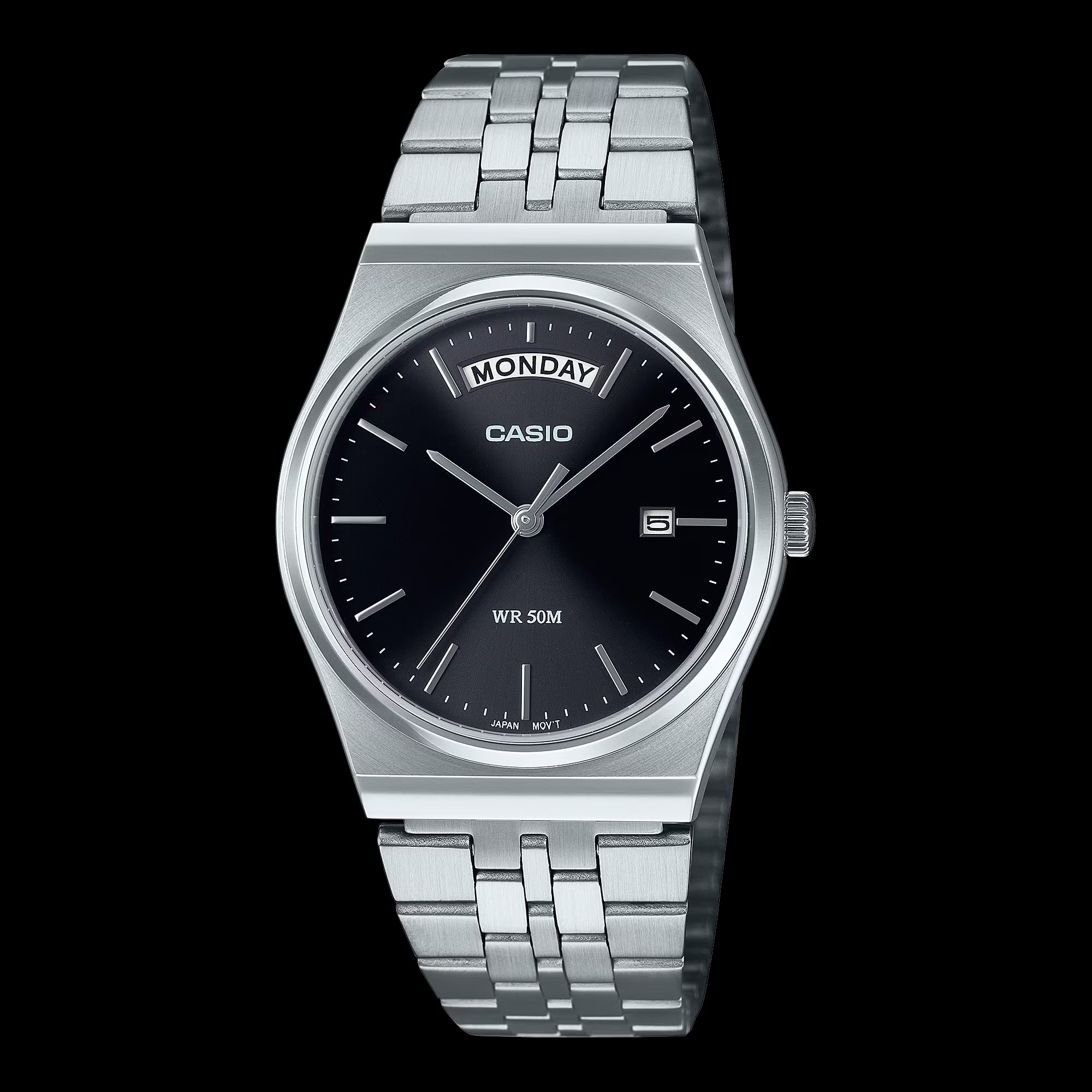 Đồng hồ Casio MTP-B146D-1AV vỏ thép không gỉ, mặt số sunburst đen và dây đeo bạc.