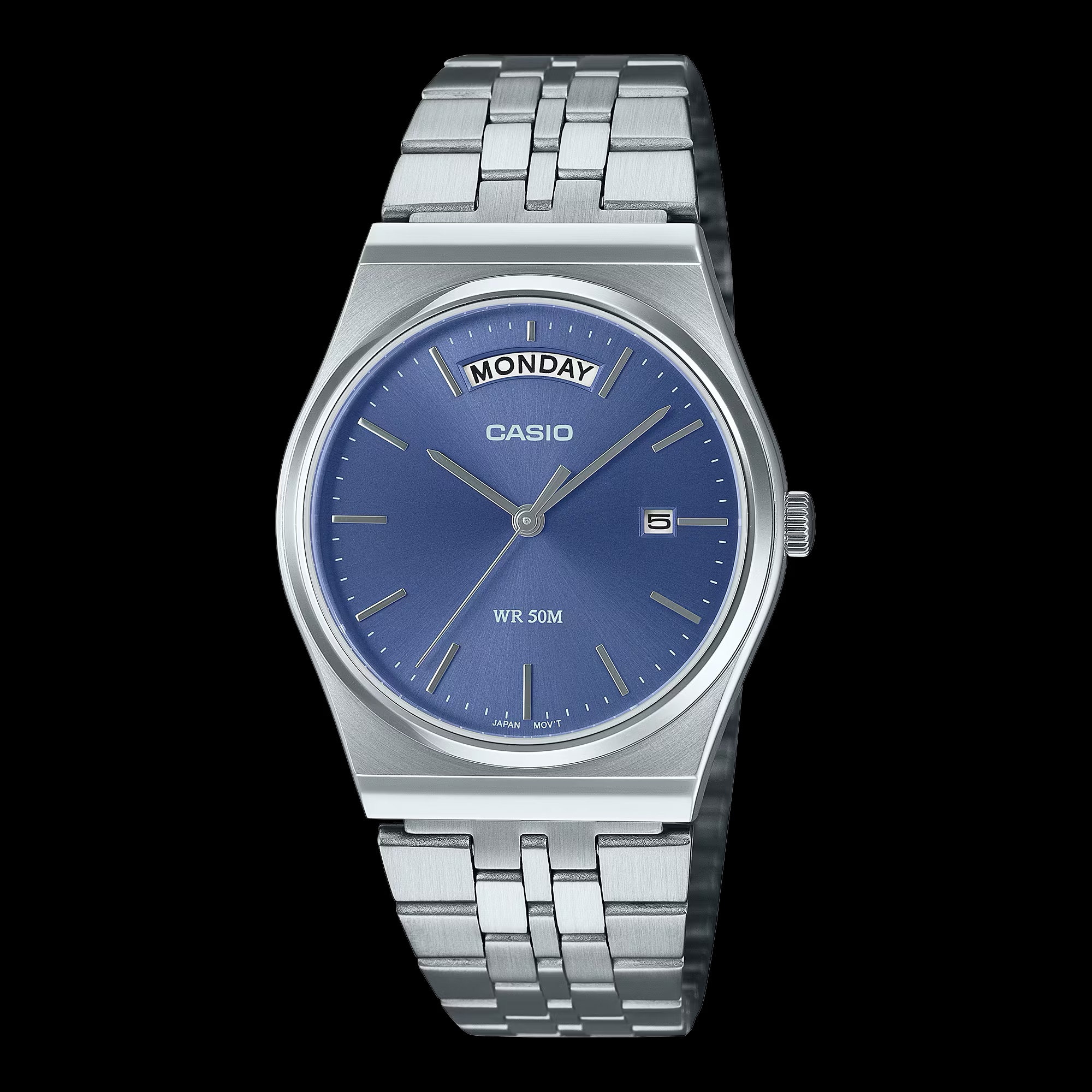 Casio MTP-B146D-2AV với mặt số xanh nhạt, hiển thị thứ ở vị trí 12 giờ và ngày ở vị trí 3 giờ.