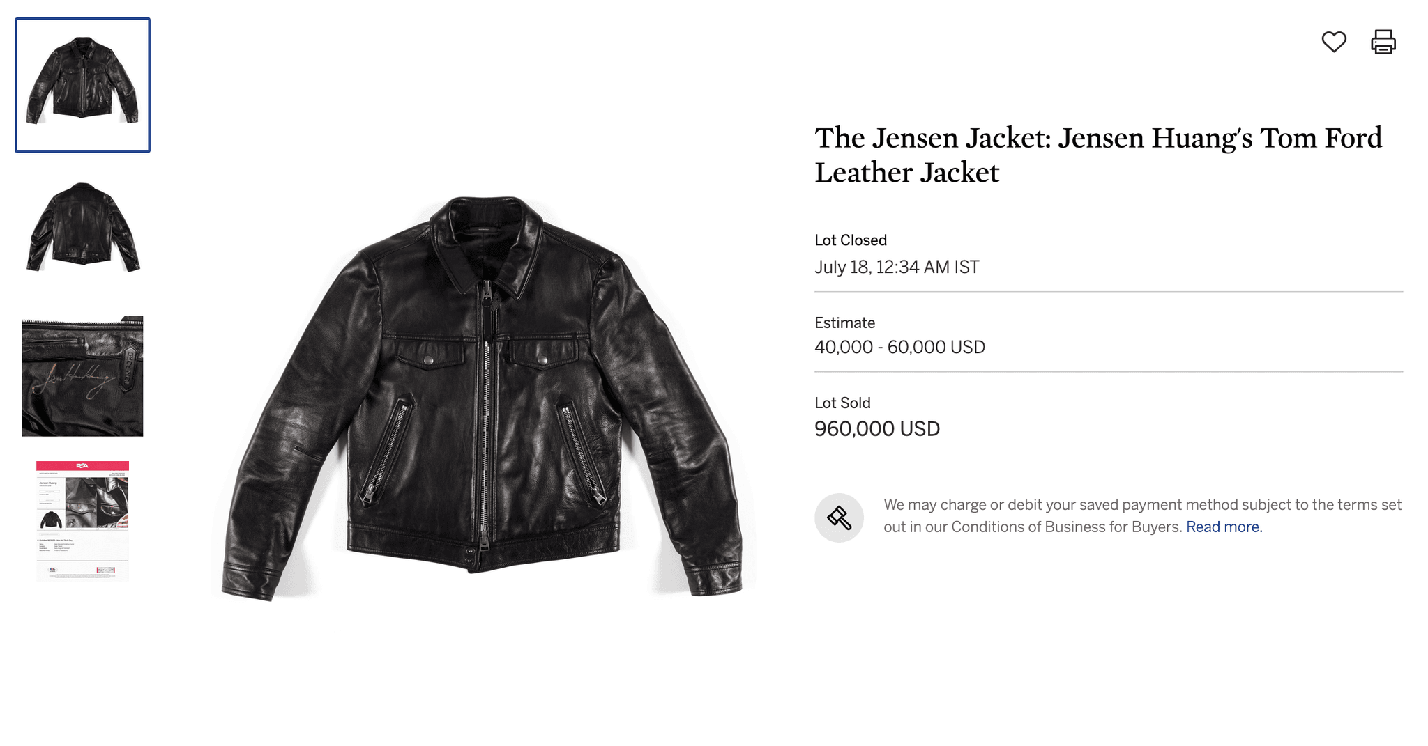 Thông tin đấu giá chiếc áo da của Jensen Huang tại Sotheby's
