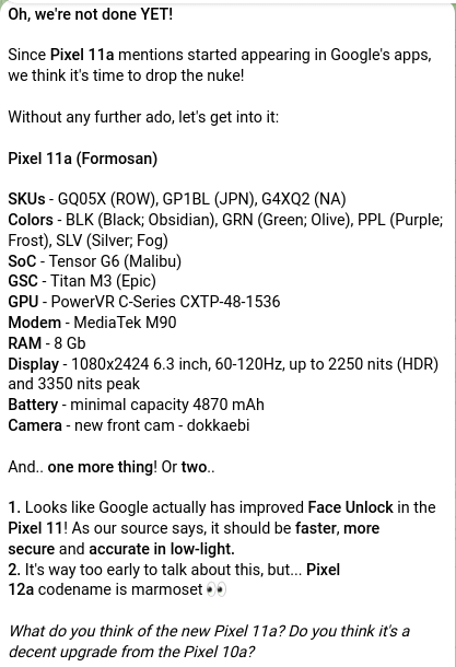Thông số kỹ thuật rò rỉ của Pixel 11a