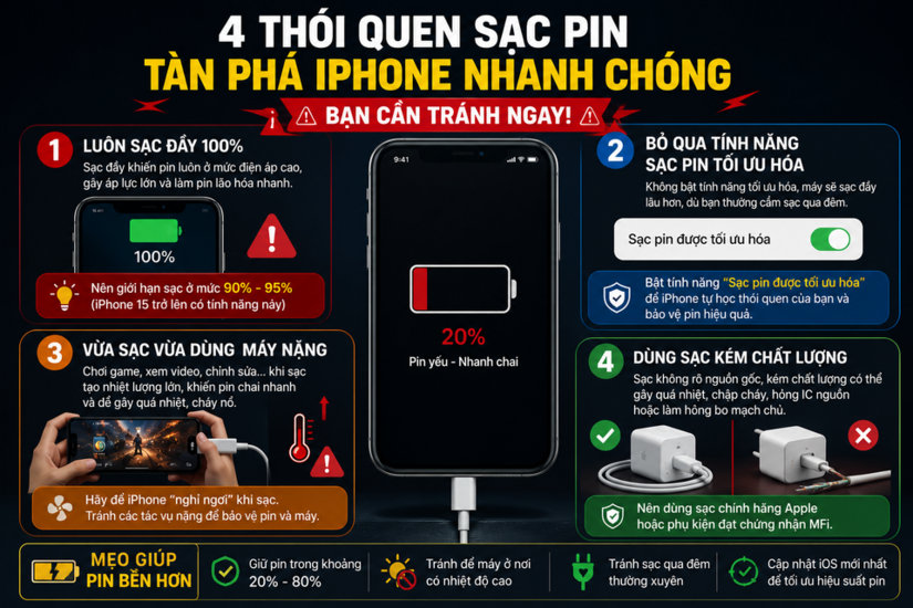 Sạc pin iPhone đúng cách để bảo vệ tuổi thọ linh kiện