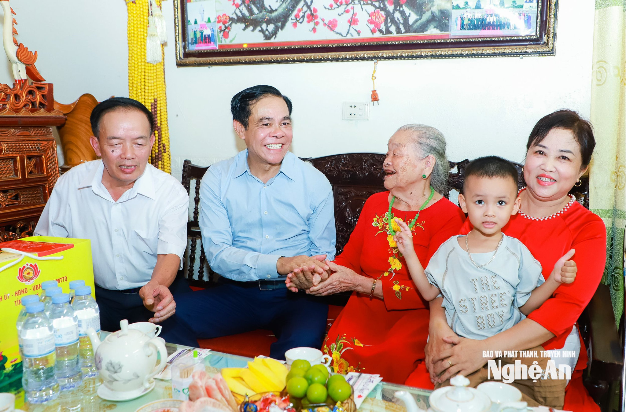 Chủ tịch UBND tỉnh thăm, tặng quà bà Ngô Thị Thiện, vợ liệt sĩ Nguyễn Văn Huồn tại thôn Kim Nhan 3, xã Anh Sơn. Ảnh- Thành Duy