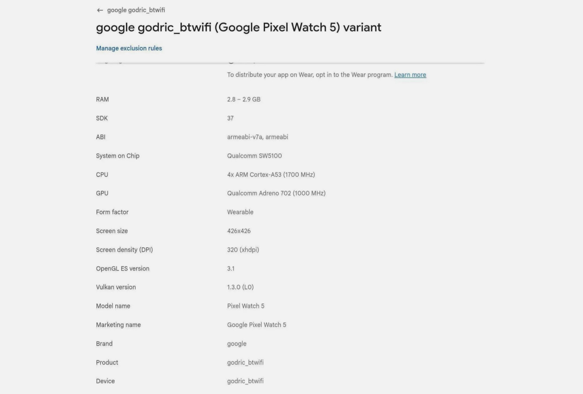 Thông tin Pixel Watch 5 trên Google Play Console