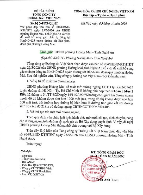 Văn bản trả lời không thống nhất của Tổng Cty Đường sắt Việt Nam. Ảnh Nguyễn Toàn