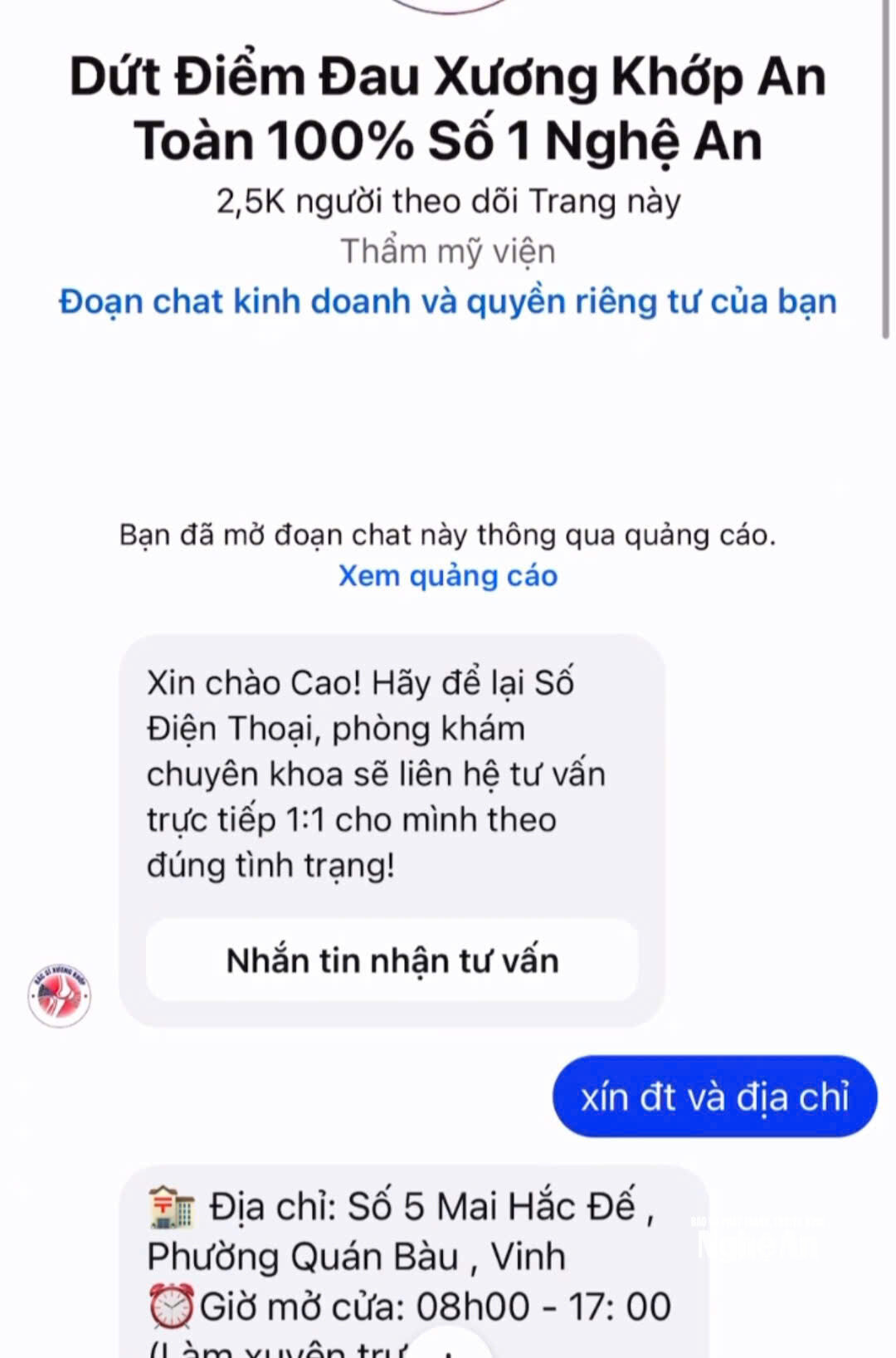 Trang Facebook quảng cáo về phòng khám hướng dẫn địa chỉ cho anh Hữu. Ảnh: T.H