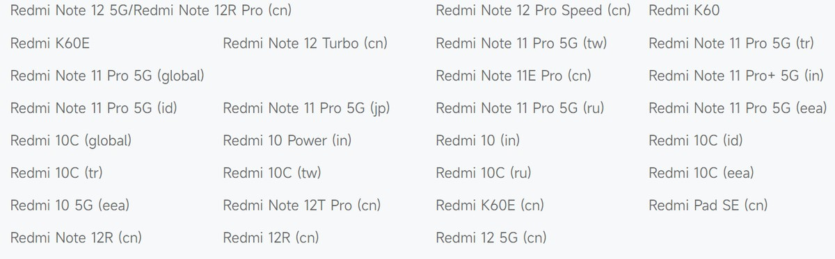 Giao diện danh sách thiết bị ngưng hỗ trợ phần mềm cập nhật trên trang chủ của Xiaomi