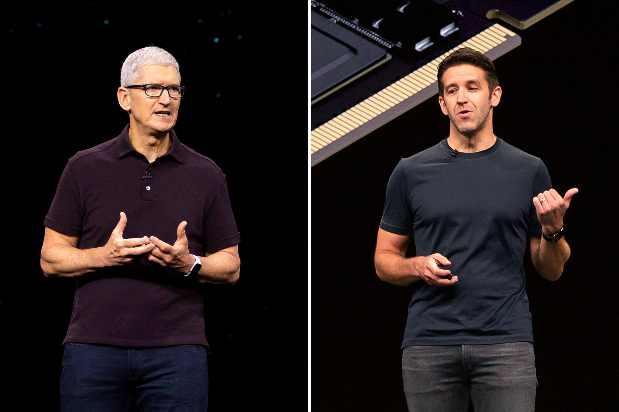 Cựu CEO Apple Tim Cook (trái) và tân CEO Apple John Ternus (phải). Ảnh: AFP