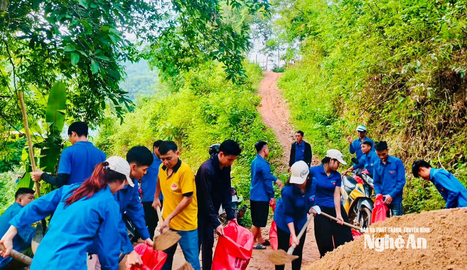 Các lực lượng ở xã Nhôn Mai vận chuyển vật liệu xây nhà mới cho gia đình em Xồng Thu Tranh. Ảnh BL2