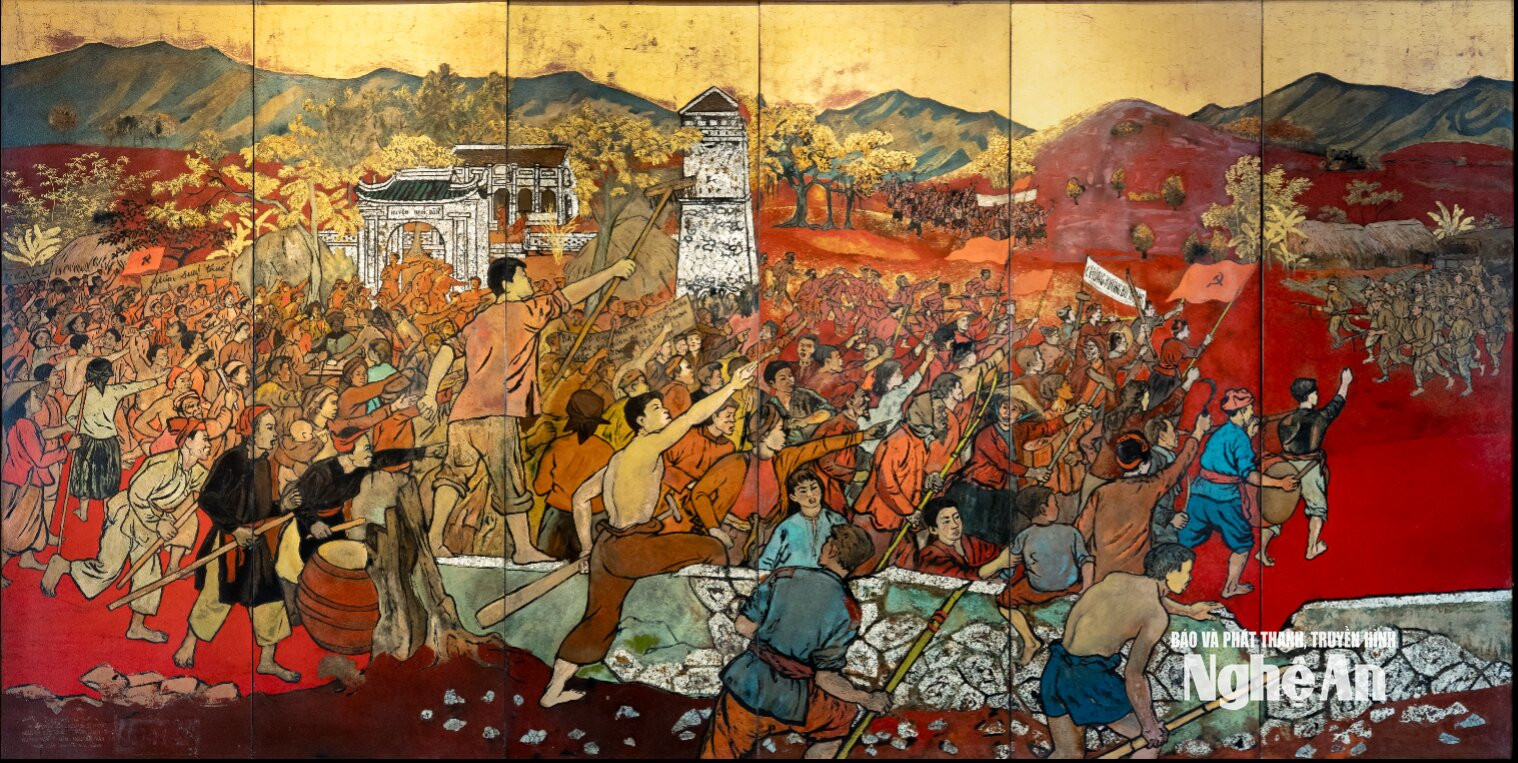 Bức tranh sơn mài Xô viết Nghệ Tĩnh hiện đang được trưng bày tại Bảo tàng Nghệ An - Xô viết Nghệ Tĩnh. Ảnh Bảo tàng Nghệ An - Xô viết Nghệ Tĩnh