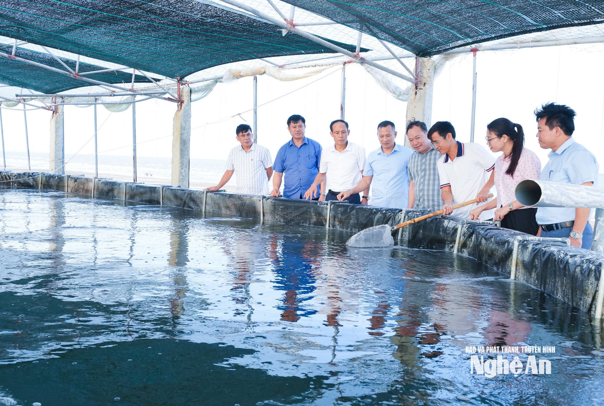  Cán bộ xã Hải Châu khảo sát, tháo gỡ khó khăn cho người dân trong phát triển, mở rộng các mô hình nuôi tôm công nghệ cao. Ảnh Mai Hoa