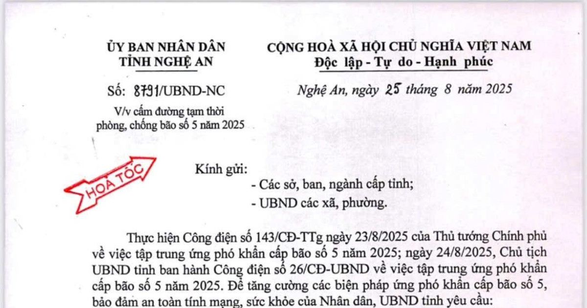 HỎA TỐC: Nghệ An yêu cầu người dân không ra đường từ 11 giờ trưa nay 25/8 để ứng phó bão số 5