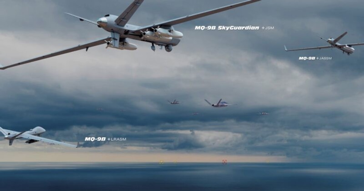 The MQ-9B SkyGuardian drone is equipped with JASSM and LRASM long-range ...
