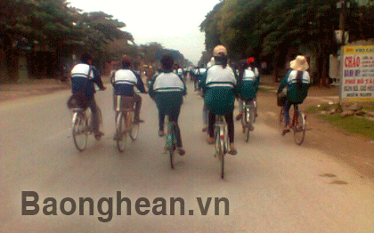 Học sinh dàn hàng ngang trên đường