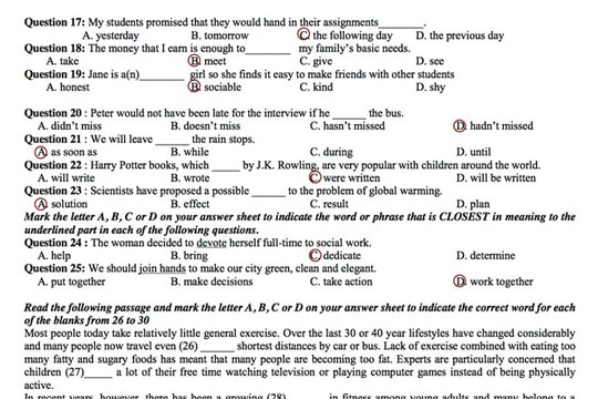 Gợi ý giải đề thi tốt nghiệp THPT 2014 môn Tiếng Anh