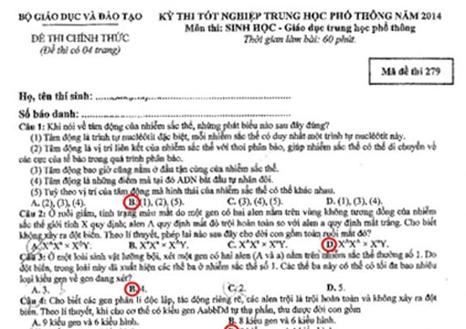 Gợi ý giải đề thi tốt nghiệp THPT 2014 môn Sinh học