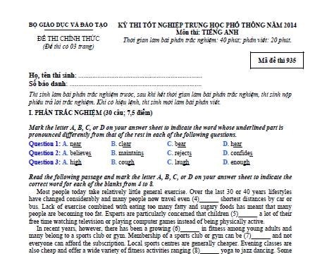 Đáp án chính thức môn Ngoại ngữ kỳ thi tốt nghiệp THPT 2014