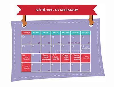 Lịch nghỉ lễ 30 tháng 4, 1/5 và Giỗ tổ Hùng Vương 2015