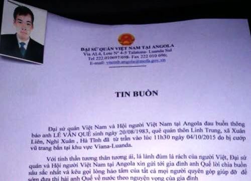 Một lao động Việt Nam bị bắn chết tại Angola