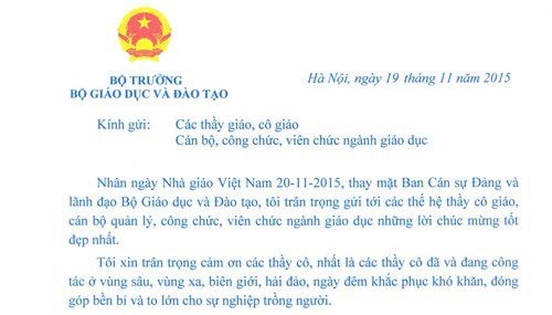 Bộ trưởng Phạm Vũ Luận gửi thư tới các thầy, cô nhân ngày 20/11