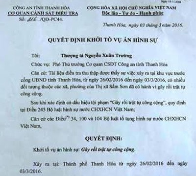 Khởi tố hình sự vụ gây rối trật tự công cộng