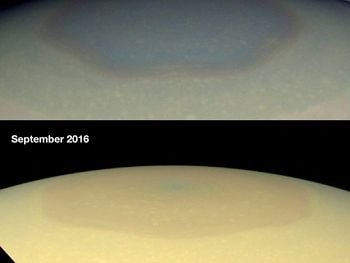 Đám mây lục giác trên sao Thổ chuyển màu vàng khi giao mùa