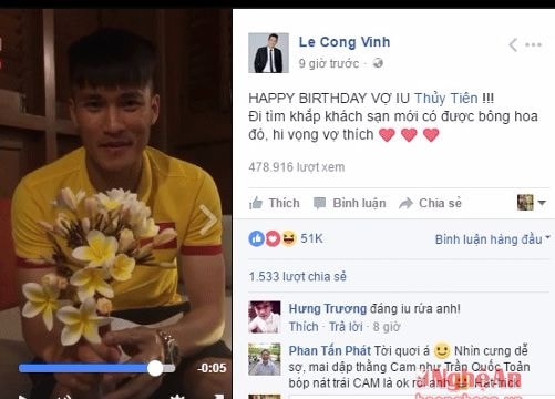 Công Vinh nói giọng Nghệ chúc mừng sinh nhật vợ lúc nửa đêm