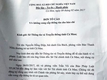 Hai nhà báo tố cáo Giám đốc Sở Tài chính không cung cấp thông tin cho báo chí