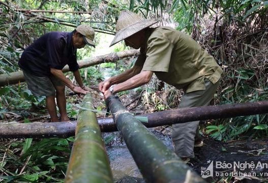 Người dân tự làm đường ống dẫn nước từ núi về bản