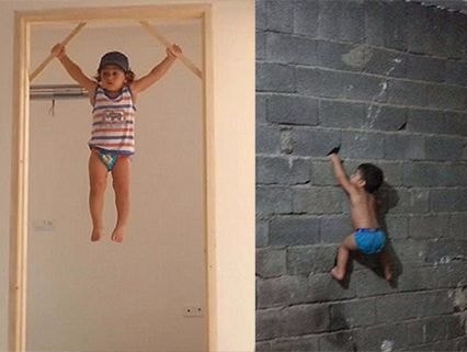 Bé 3 tuổi trèo tường, đu xà thoăn thoắt