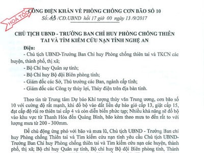 Công điện khẩn về phòng chống cơn bão số 10