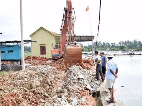 Sau bão người dân Hoàng Mai khắc phục vùng nuôi tôm ngập nước