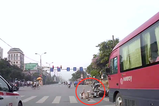 [Video] Dừng đèn đỏ bị xe khách hất tung lên trời
