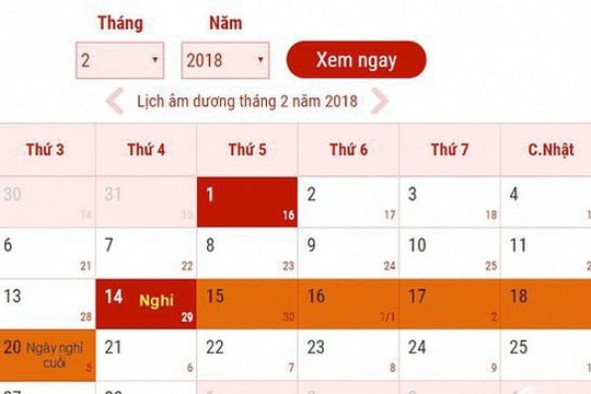 Lịch nghỉ Tết Nguyên đán Mậu Tuất 2018 chính thức của người lao động