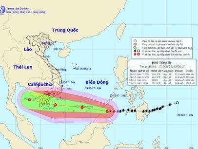 Bão Tembin giật cấp 15 vào Biển Đông trong vài giờ tới