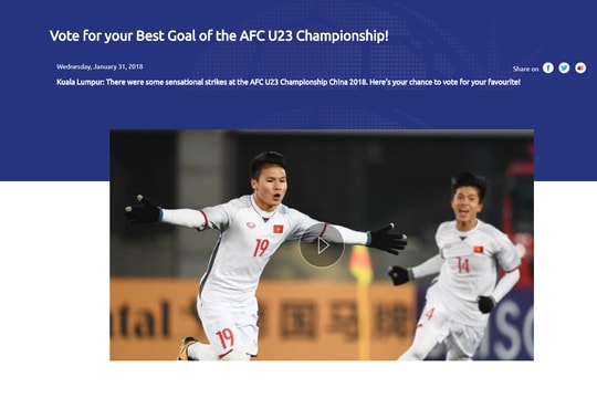 Nguyễn Quang Hải dẫn đầu cuộc đua bàn thắng đẹp nhất VCK U23 châu Á