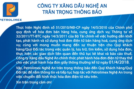 Công ty Xăng dầu Nghệ An thông báo thay đổi hóa đơn điện tử