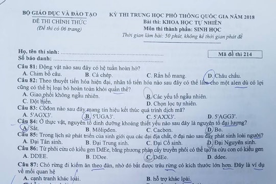 Đề thi và đáp án môn thi Sinh học THPT quốc gia 2018