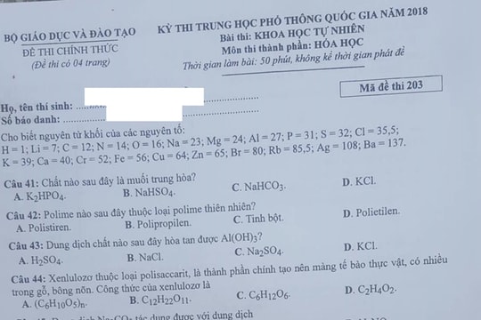 Đề thi Hóa học THPT quốc gia 2018