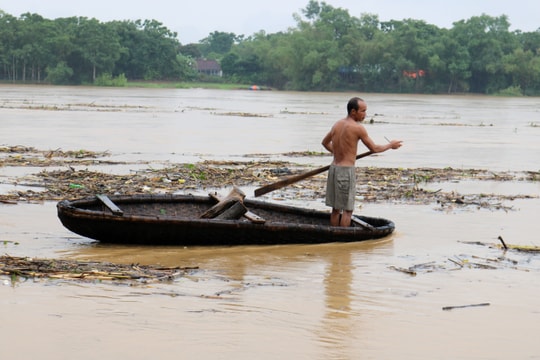 Người dân chèo thuyền nan liều mình vớt củi giữa dòng nước lũ
