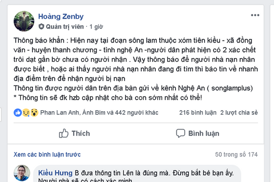 Tìm ra người lên Facebook tung tin phát hiện 2 thi thể dạt gần bờ Sông Lam 