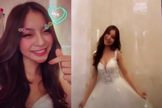 Bạn gái cầu thủ Quang Hải khoe thử váy cưới.