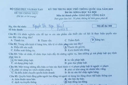 Đáp án  môn Giáo dục Công dân tại kỳ thi THPT quốc gia 2019