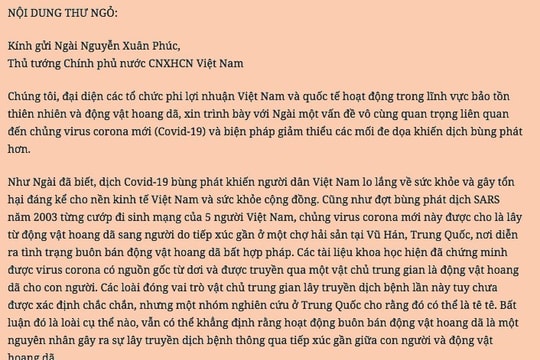 Thư ngỏ gửi Thủ tướng Chính phủ về hành động chống dịch COVID-19 của giới bảo tồn thiên nhiên 