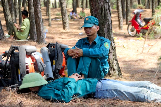 Nắng như thiêu, lực lượng trực gác lửa rừng ăn bánh mì, chợp mắt bên gốc cây