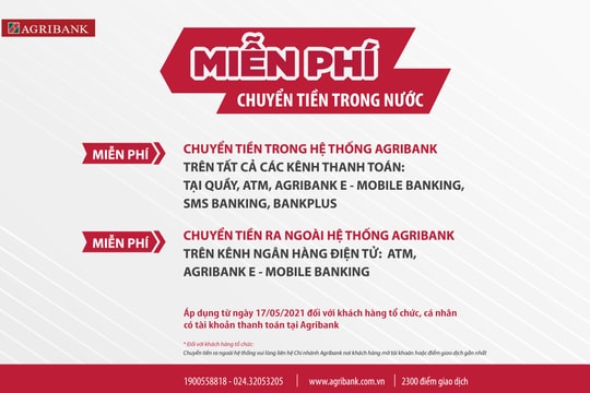 Agribank miễn 100% phí dịch vụ chuyển tiền trong nước