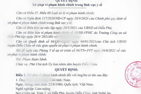 Nghệ An: Không thực hiện cách ly y tế tại nhà, người đàn ông bị phạt 7,5 triệu đồng