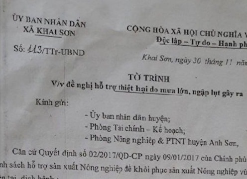 Cán bộ xã ở Anh Sơn bị khởi tố vì liên quan việc chi trả tiền hỗ trợ sản xuất sau lụt bão