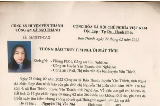 Truy tìm nữ sinh ở Nghệ An mất tích nhiều ngày